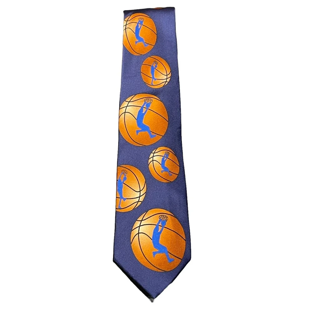 Wild Ties Mens Basketball Themed Tie 100% Silk Hand Made Dark Blue One Size EUC‎